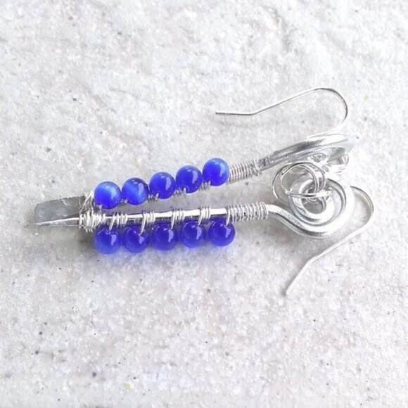 Unique Wire Wrapped Dangle Earrings! Blue CatsEye Beads! Lightweight!!! - Picture 6 of 11